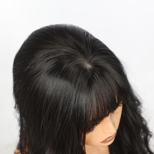 Jet Black Wavy PuffPro Voluminous Wig with Bangs - 28 Inch Long Realistic Scalp for Women