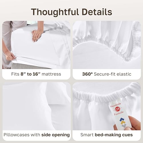 Bright White King Size Cotton Sateen Sheets Set - 600 Thread Count Luxury Bedding