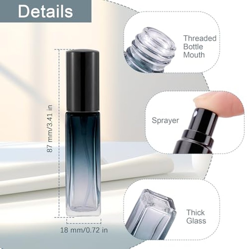 Kesell 11 Pack 10ml Spray Bottles Glass Refillable Perfume Atomizer for Travel Square Empty Bottles Containers Portable Glass Perfume Bottle Set with 5pcs Funnel and 5pcs Dropper (Black Cap)