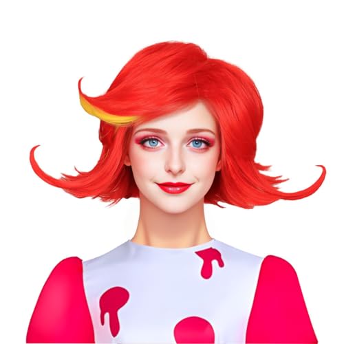 Medium Red and Yellow Cosplay Wig for Women Halloween Costume - Variation of Red with Yellow