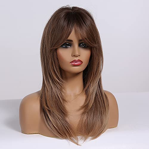 Ombre Brown Wigs with Bangs for Women Synthetic Heat-Resistant Wavy Hair Extension - Natural Look