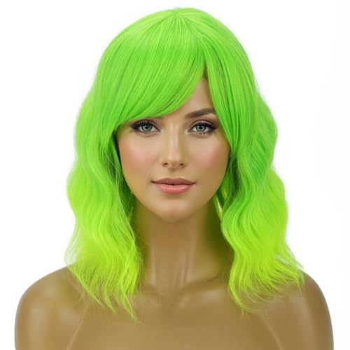 PATTNIUM Lime Green Short Wavy Wig for Women Girls - Fluorescent Synthetic Hair with Bangs