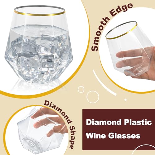 Clear and Gold 80PCS Diamond Stemless Plastic Wine & Whiskey Glasses - Gold Rim