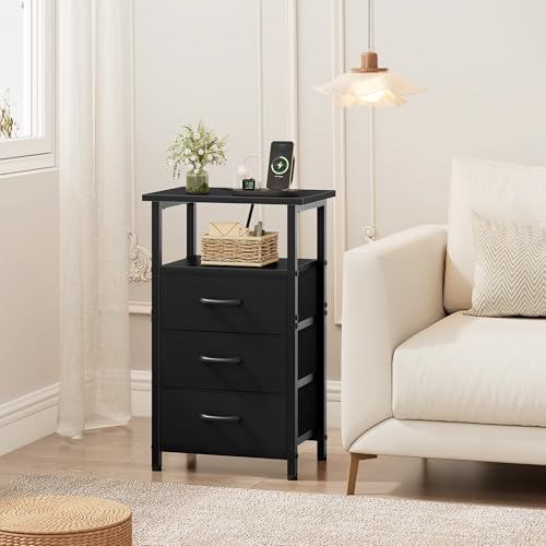 Nightstand Set of 2 with Charging Station - Bedside Table with USB Ports, Outlet & 3 Fabric Drawers (Black) (2 Pieces)