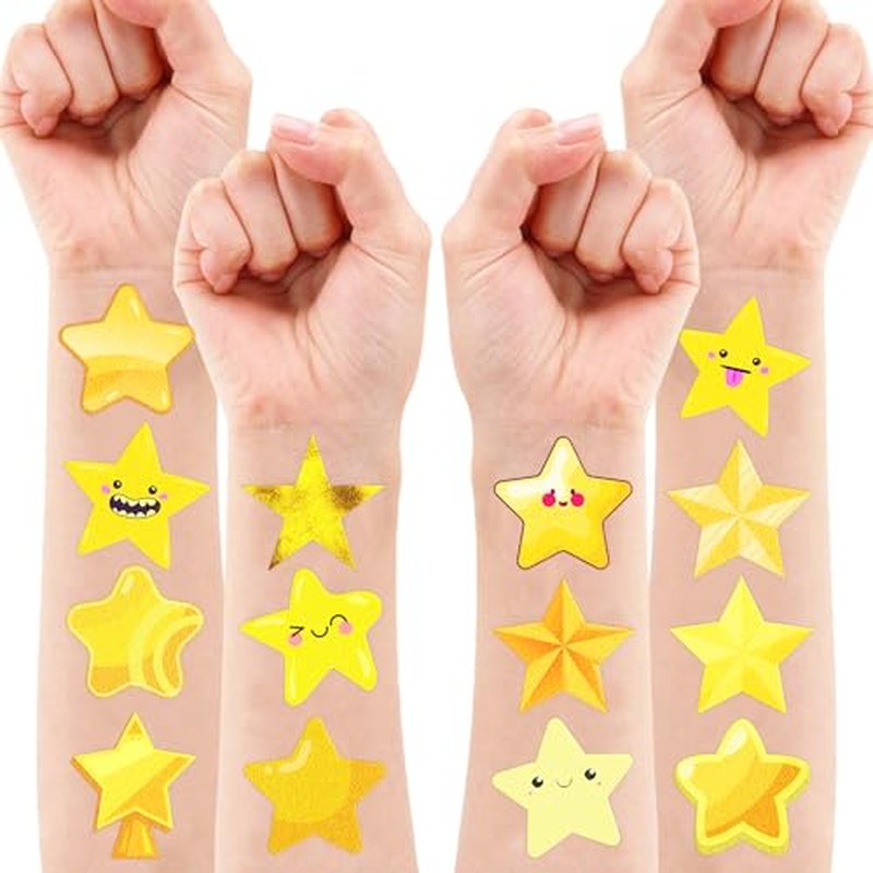 100 PCS Gold Stars Temporary Tattoos Birthday Party Decorations Favors Supplies Decor Twinkle Christmas Yellow Golden Star Banner Stickers For Girls Boys Classroom School Prizes Reward