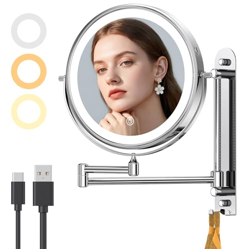 Gospire 9¡± Wall Mounted Lighted Makeup Mirror with Magnification 10X, 7in Height Adjustable Vanity Lighted Mirrors for Bathroom Wall, 360¡Æ Extended Arm Shaving Wall Mirror with Lights - Chrome