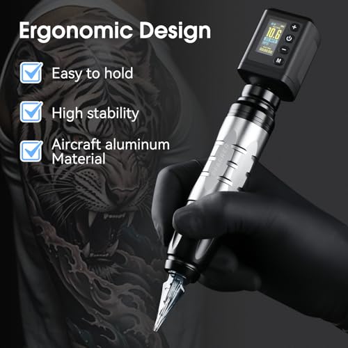 PFARRER Wireless Tattoo Machine Kit with 2 Batteries, Digital Display, 10 Needles, Ink, Transfer Paper, Practice Skin