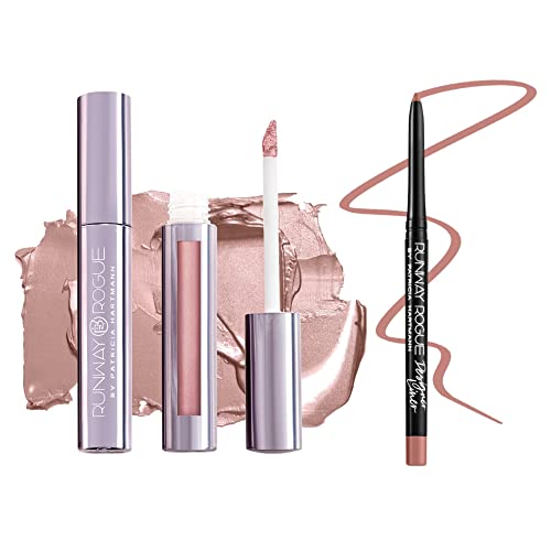 Runway Rogue ¡®Soft Box¡¯ Nude-Pink Pearl Glam Shimmer Long Wear Liquid Lipstick Bundle with ¡®Spotlight¡¯ Matte Light-Beige Designer Liner Lip Liner