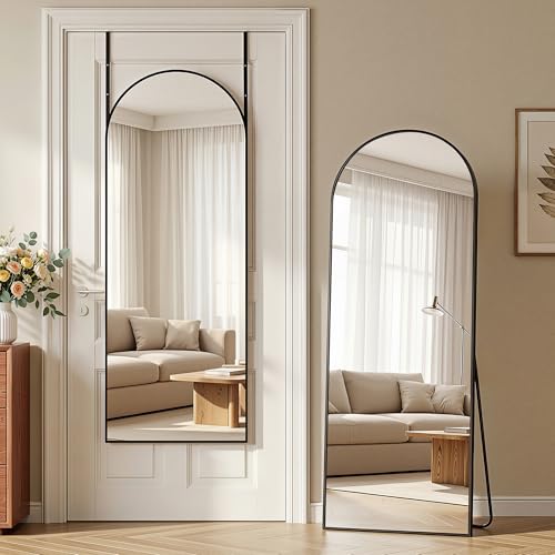 58x20 Inch Over-the-Door Arched Full Length Mirror - Black, Adjustable Hooks