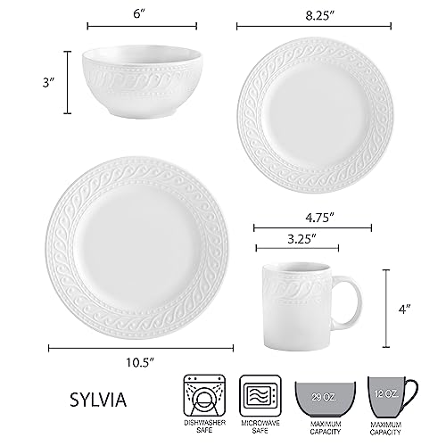 White Porcelain Dinnerware Set for 8 - 32 Pieces with Embossed Scrollwork