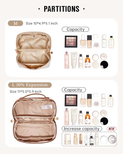 Travel Makeup Bag for Women Large - PU Leather Cosmetic Organizer, Brown, Open-Flat Design