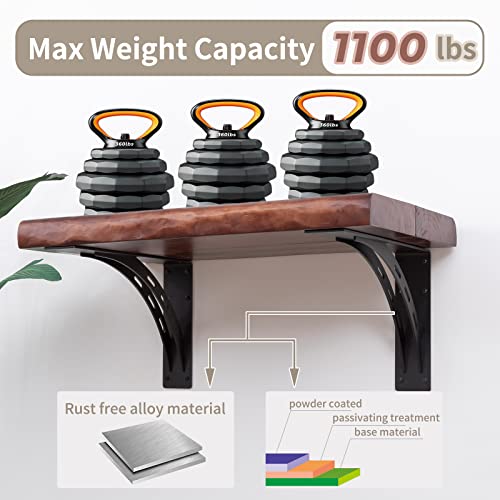 Heavy Duty Shelf Brackets 16x12 Inches - Supports 1100 Lbs - Alloy Metal, Matte Black, Set of 2