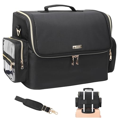 Professional Makeup Artist Bag, Extra Large Makeup Bag Organizer Travel Cosmetic Train Case Tattoo Case Makeup Organizer Box with Adjustable Dividers &Shoulder Straps(Black, Extra Large)
