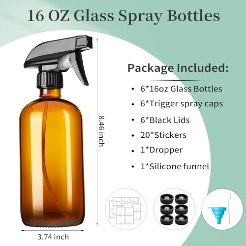 16oz Amber Glass Spray Bottles Set with Adjustable Nozzle - Refillable for Essential Oils, Cleaning, Pets & Hair