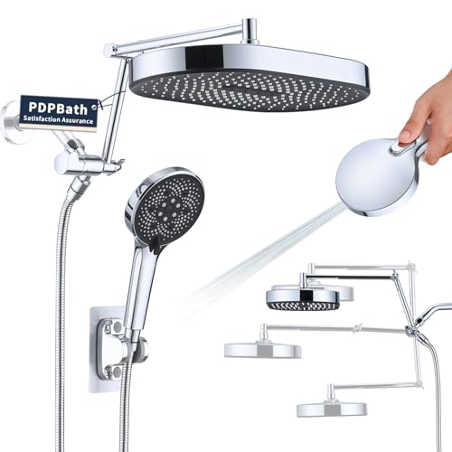 14 Inch Rain Shower Head & Handheld Combo with 5+1 Settings, Chrome Finish, 16'' Adjustable Extension Arm, Extra Long Hose
