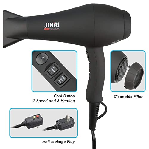 JINRI 1875W Negative Ionic Hair Dryer - Fast Dry, Low Noise, Model Bk