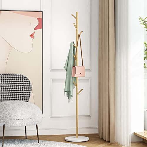 Gold Coat Rack with 8 Hooks - Branch Design, Freestanding Entryway Organizer, Gold-White Variation
