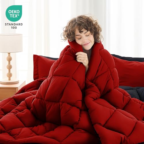 Oversized King Reversible Comforter Set 7-Piece Bed in a Bag - Red & Black, 120x98
