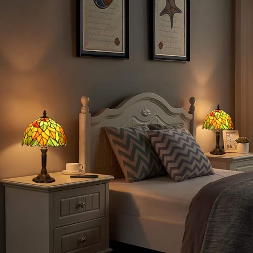 HUORUIKY Maple Leaves Tiffany Table Lamp 9x9x15 Inch with 3-Way Color Temperature & LED Bulb