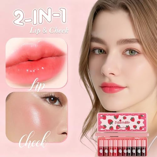 10 Colors Lip Stain Tint Set, Korean Lip Gloss for Women, Watery Mini Liquid Lipstick Long lasting, Lightweight, Multi-Use Lip and Cheek Tint, High Pigment, Vivid Color Lip Makeup
