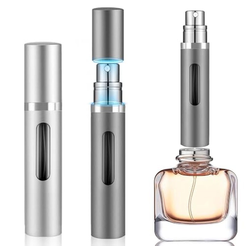 5ml Perfume Atomizer Travel Refillable,Mini Cologne Dispenser, Bottom-Filling Fragrances Perfumes Bottle,Portable Sprayer Pocket Size for Women Men Cruise Car Trip Gift 2pcs (grey-silver)