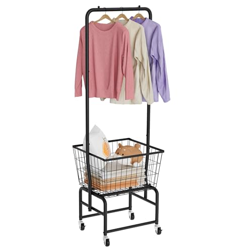 Rolling Laundry Cart with Wheels - Black Metal Hamper & Clothes Organizer with Hanging Rack