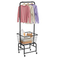 Rolling Laundry Cart with Wheels - Black Metal Hamper & Clothes Organizer with Hanging Rack