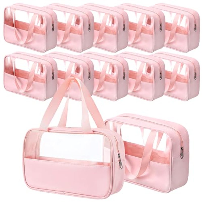 12 Pcs Translucent Make up Bag 10.2 x 6.3 x 2.8 Inches Waterproof Toiletry Organizer with Hanging Handles Portable Cosmetic Travel Bag Carry Pouch for Women and Men Travel Storage (Pink)