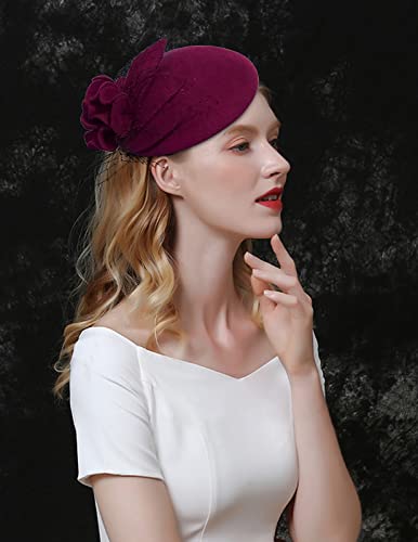 Vintage 1920s Wool Felt Flower Fascinator Pillbox Hat with Variation 018 Wine Red for Women