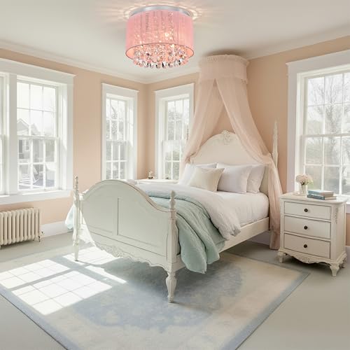 Pink Drum Flush Mount Chandelier - 3 Light Crystal Ceiling Fixture for Bedroom - 11 inch Variation