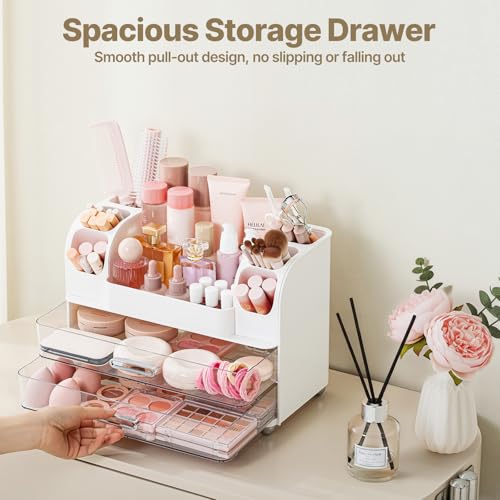 White Makeup Organizer with 2 Drawers & Brush Holders - Vanity Storage