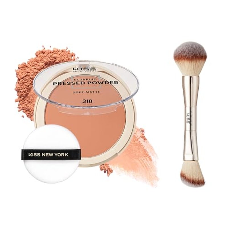 Kiss New York Soft Matte Pressed Powder (Sun Beige) With Dual Ended Powder Brush Set, Blurring Poreless Face Powder Makeup, Medium Coverage Setting Powder Infused with Salicylic Acid & Niacinamide