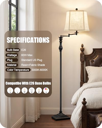 Black 62-Inch Adjustable Floor Lamp with Swing Arm and Linen Shade