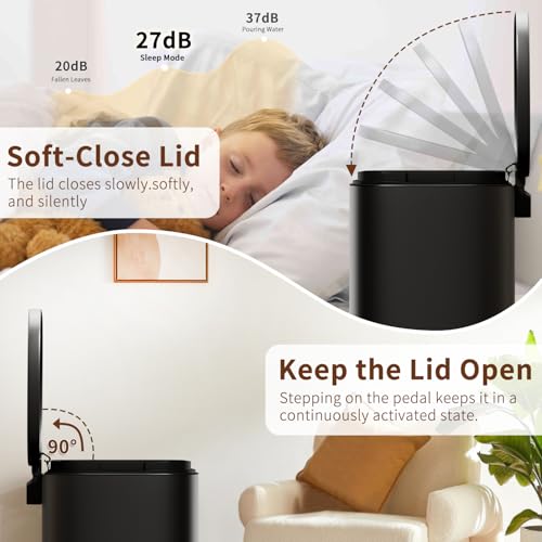 13-Gallon Trash Can with Lid - Black Stainless Steel Removable Inner Bucket