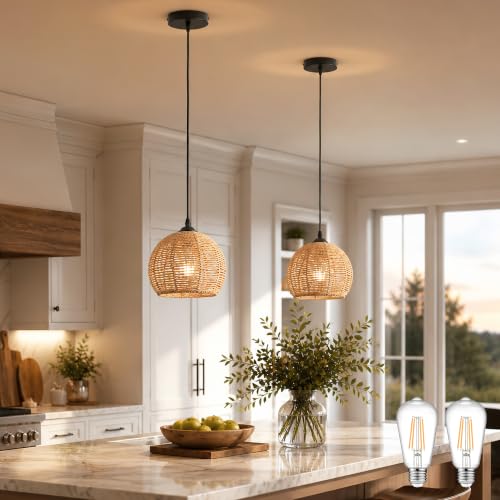AyshwillDec 8.7" Natural Wicker Pendant Light 2-Pack Boho Rattan Chandelier for Kitchen & Dining
