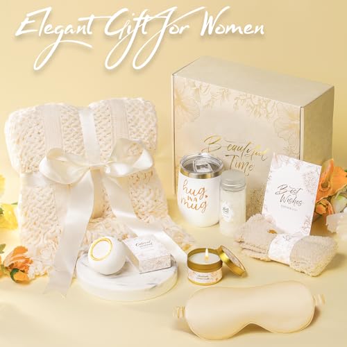 LIMSUKMF Beige Self Care Gift Basket with Knitted Throw - Cozy Home Spa Set