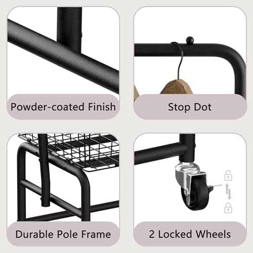 Rolling Laundry Cart with Wheels - Black Metal Hamper & Clothes Organizer with Hanging Rack