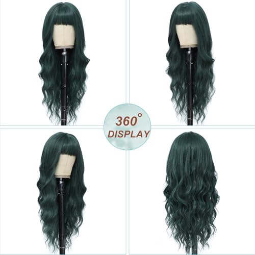 Dark Green Wavy Wig with Bangs for Women - 26 Inch Long Synthetic Hair, Natural Look, Heat Resistant, Adjustable Fit