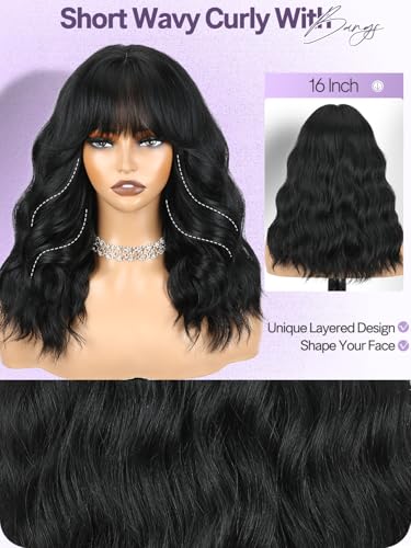Black Short Wavy Bob Wig with Bangs for Women - 16 Inch Layered Curly Style - Variation: Black