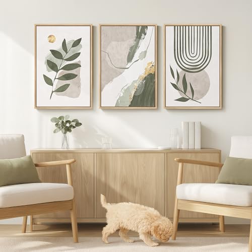 Large Framed Boho Sage Green Abstract Wall Art Set - 3 Pieces 16x24 Inches - Green Gold Variation