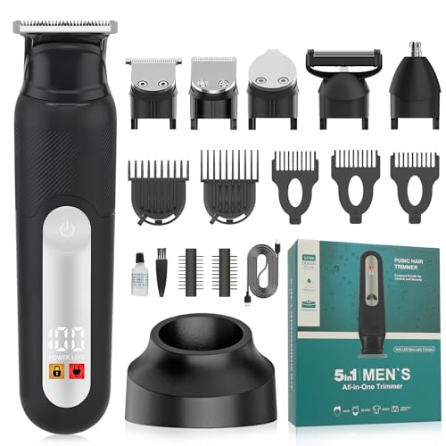 SUNNOW Electric 5-in-1 Body Hair Trimmer - Groin Trimmer for Men -Beard Trimmer for Men - Wet/Dry Shaver Groomer, Waterproof with LED Light, Gifts for Husband Father