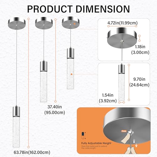 Nickel Cylindrical Pendant Lights Kitchen Island 3 Pack - Modern Crystal Bubble Ceiling Fixtures with Integrated LED