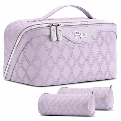 C-Diamond Grid Purple Travel Makeup Bag Organizer Set - 3 Pieces