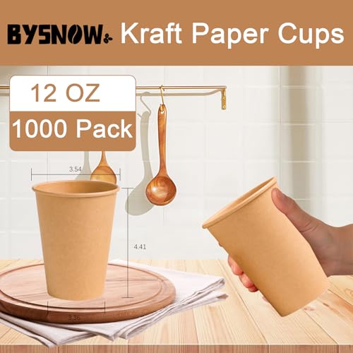 BYSNOW 12oz Disposable Kraft Paper Cups 1000 Pack - Eco-Friendly Hot Water & Coffee Cups