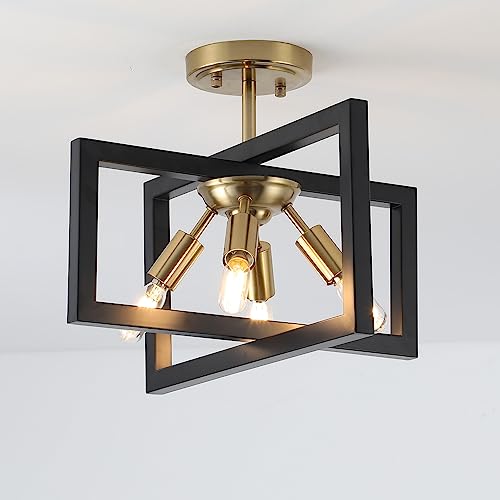 Black and Gold Semi-Flush Mount Ceiling Light - Modern Industrial Fixture with 4 Candles