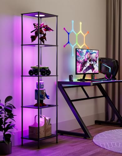 Black Display Shelf Floor Lamp with RGBW Color Changing Light and Shelves