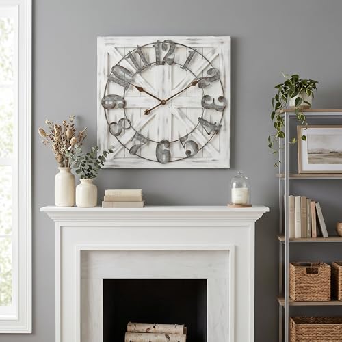 EMAX HOME 24-Inch White Square Farmhouse Wall Clock with Reversible Wooden Sign