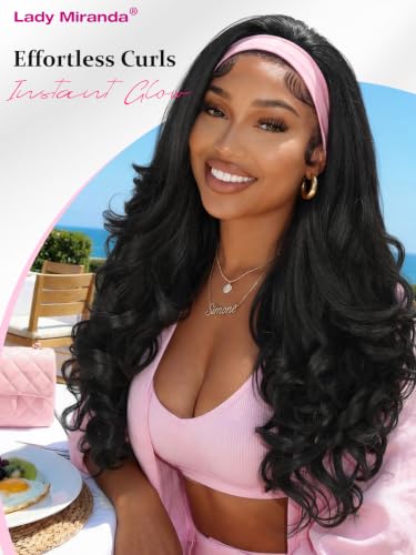 Lady Miranda Yaki Curly Headband Wig - Black Layered Flip Curls 26 Inches