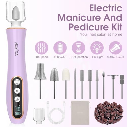 Professional Manicure Pedicure Kit with 360¡Æ LED Light&10 Speeds&Memory Mode with Case, Cordless Electric Nail Drill, Pedicure Tools for feet,Hand Foot Care Nail File for Thick Nail Toenail Cuticle