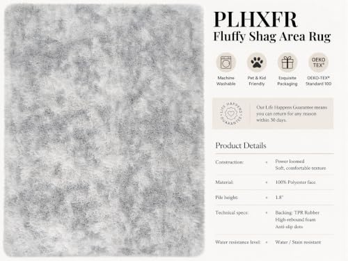 Tie-dyed Light Grey Fluffy Area Rug 8x10 for Living Room & Bedroom - Non-Slip